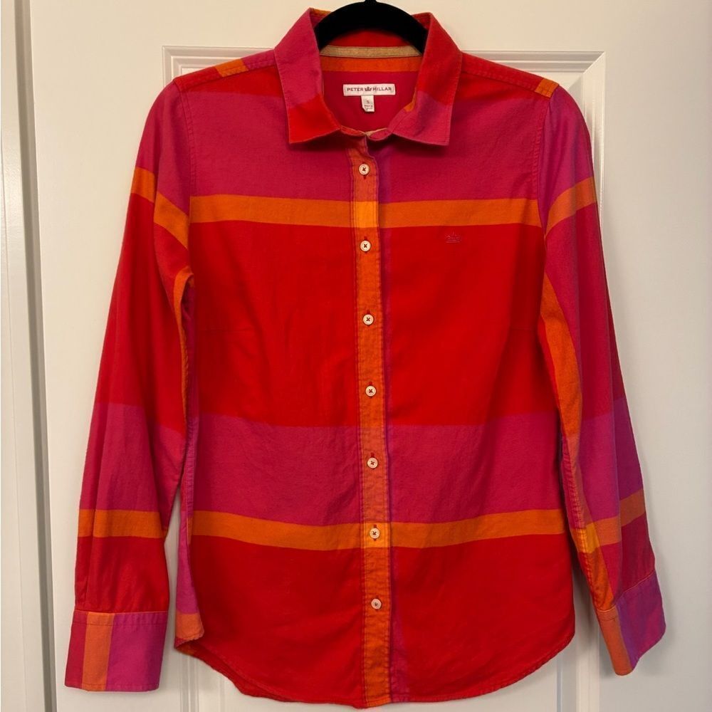 PETER MILLAR Plaid Button Up Blouse Pink Orange Women’s Size Small